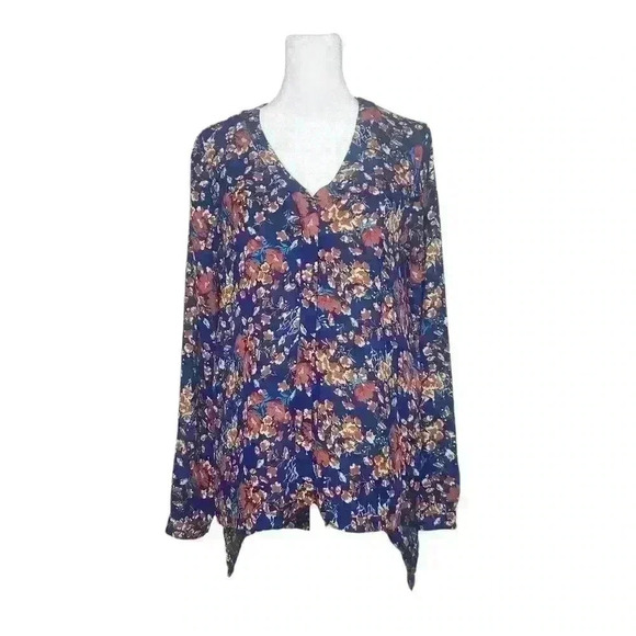 June & Hudson women's blue floral button up blouse size small - Picture 1 of 7
